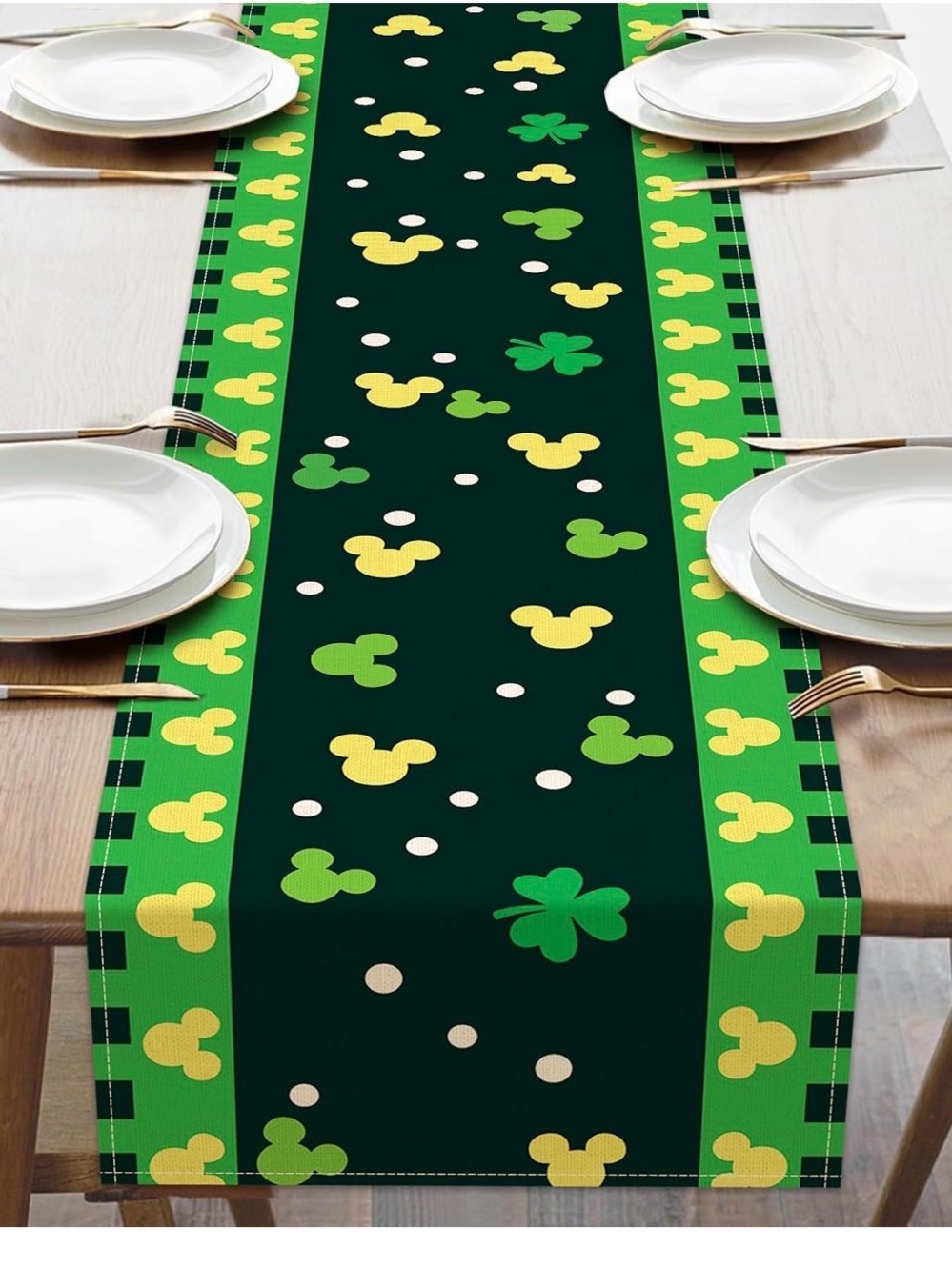 Disney Mickey Mouse St Patricks Day Table Runner Shamrock Clover Green 13x90⁠